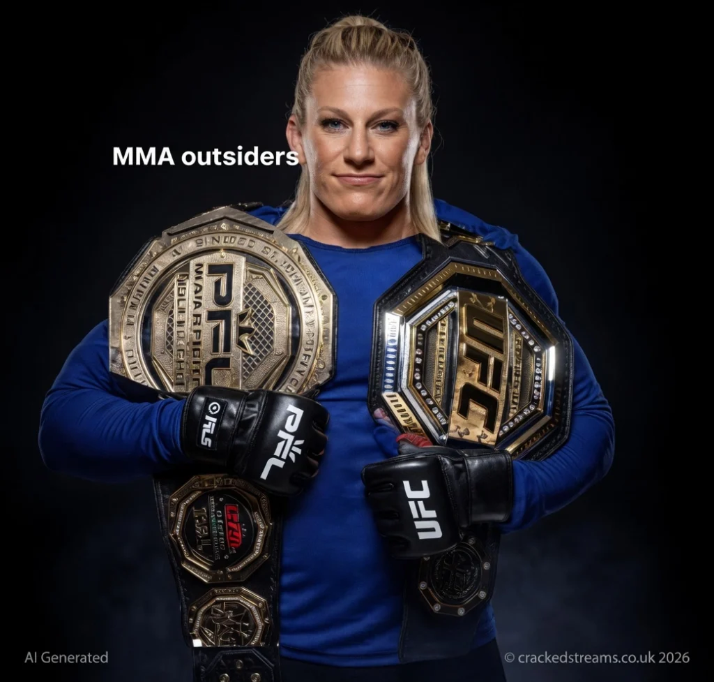 Kayla Harrison holding multiple MMA championship belts including UFC and PFL titles, showcasing her as a dominant UFC bantamweight champion in 2026