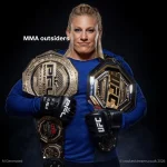 Kayla Harrison holding multiple MMA championship belts including UFC and PFL titles, showcasing her as a dominant UFC bantamweight champion in 2026